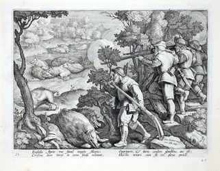 Jagers gebruiken geweren om wilde zwijnen neer te schieten, illustratie uit 